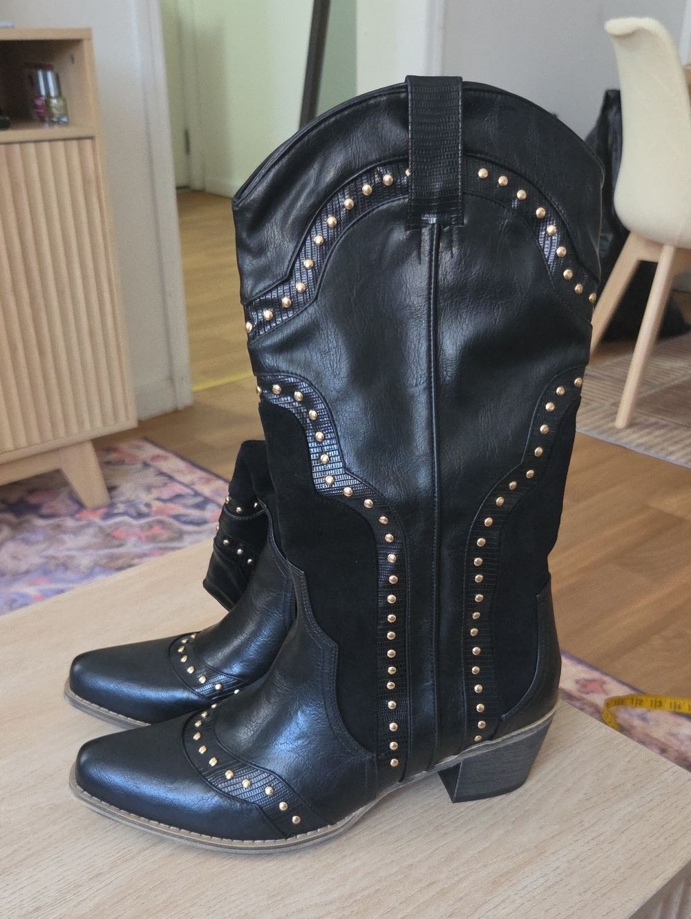 Black Studded Western Mid-Calf Boot - Women